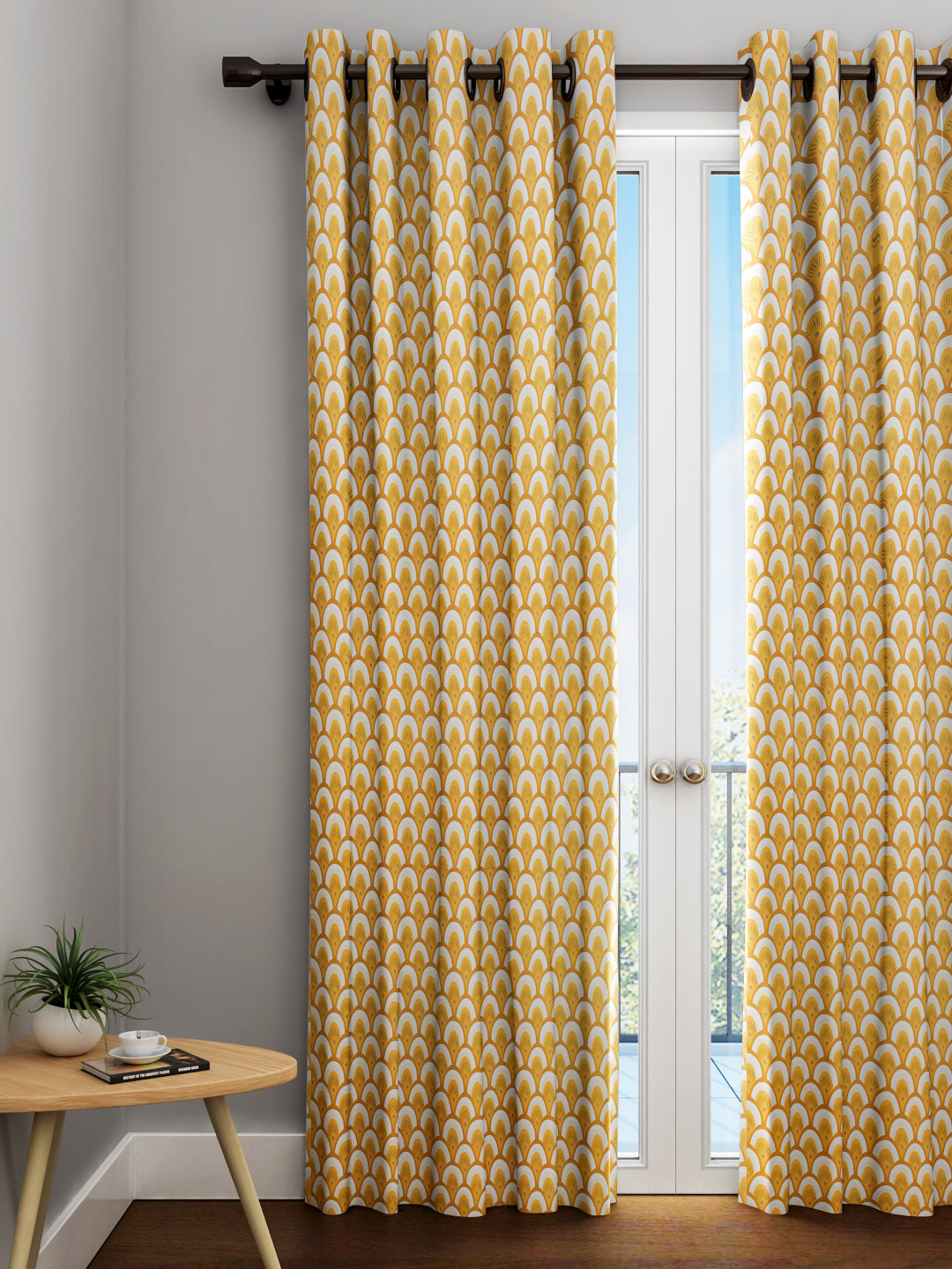 URBAN DREAM FASHION ABSTARCT GEOMETRIC PRINT YELLOW AND MUSTARD EYELET CURTAIN