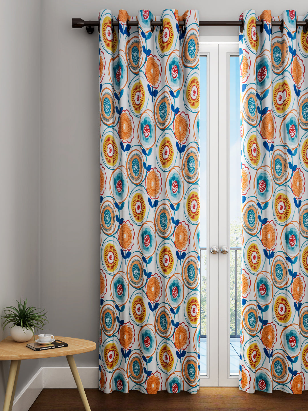 URBAN DREAM FASHION ABSTRACT FLORAL PRINT ORANGE AND BLUE EYELET CURTAIN