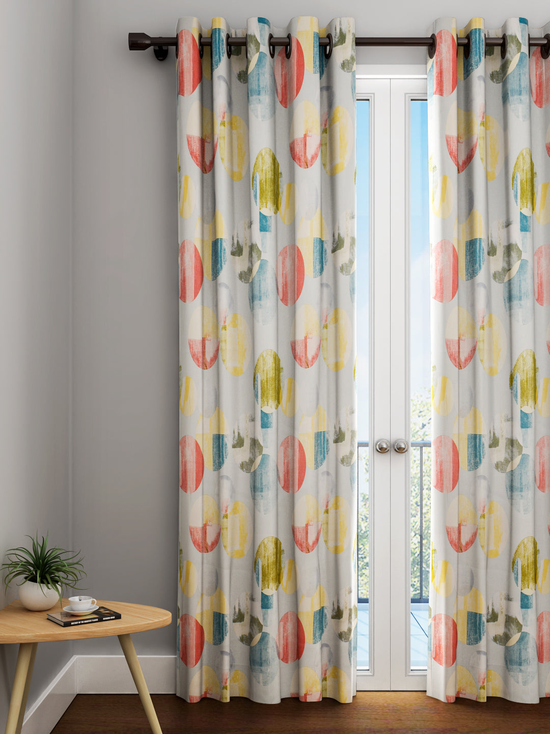 URBAN DREAM FASHION GEOMETRIC CIRCLES PRINT BLUE AND YELLOW EYELET CURTAIN