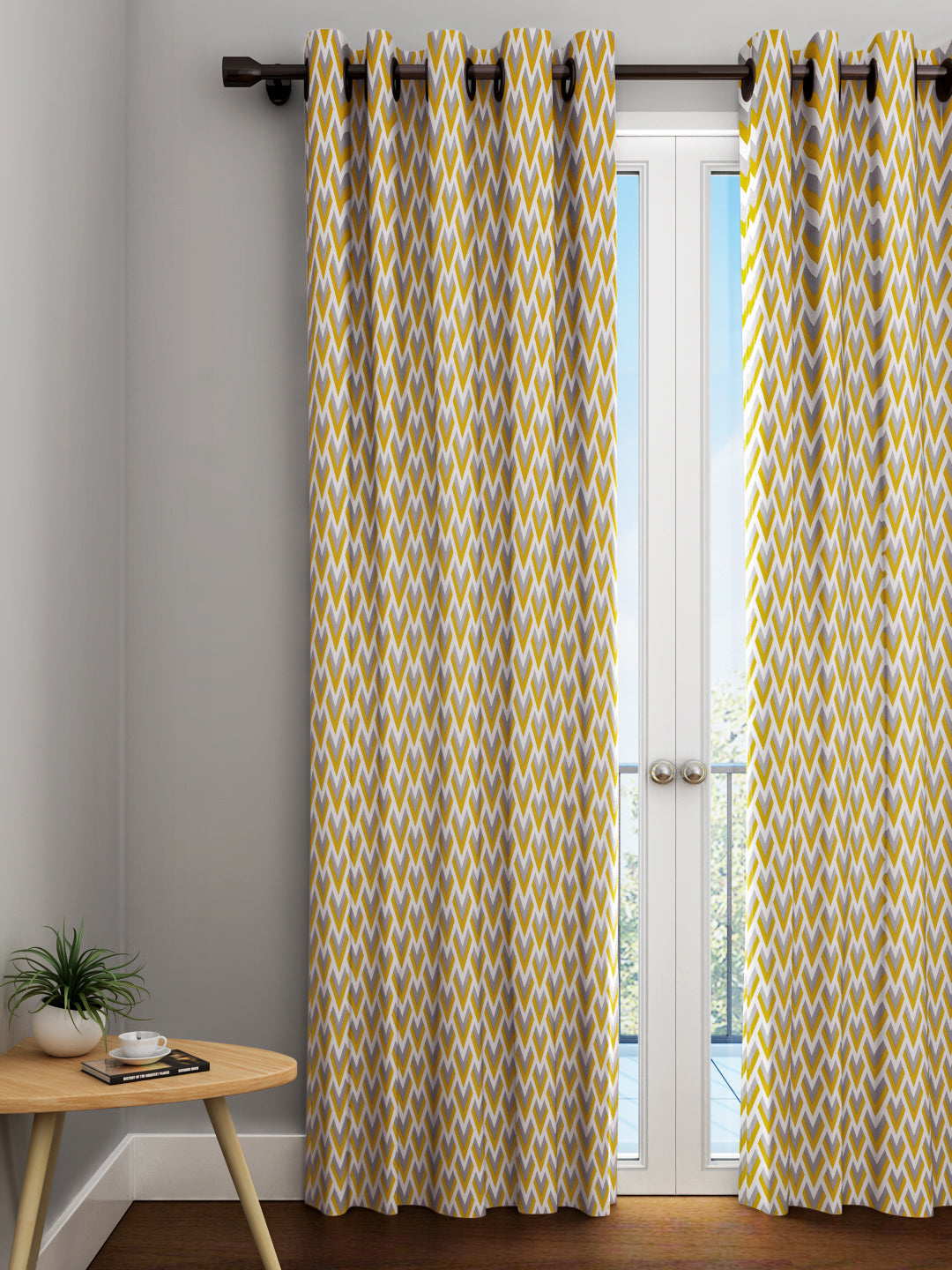 URBAN DREAM FASHION ABSTRACT GEOMETRIC PRINT MUSTARD AND GREY EYELET CURTAIN