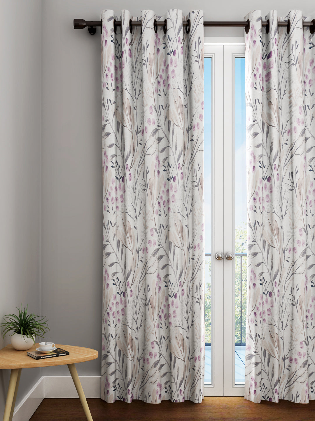 URBAN DREAM FASHION ABSTRACT FLORAL TWIGS PRINT PURPLE AND GREY EYELET CURTAIN
