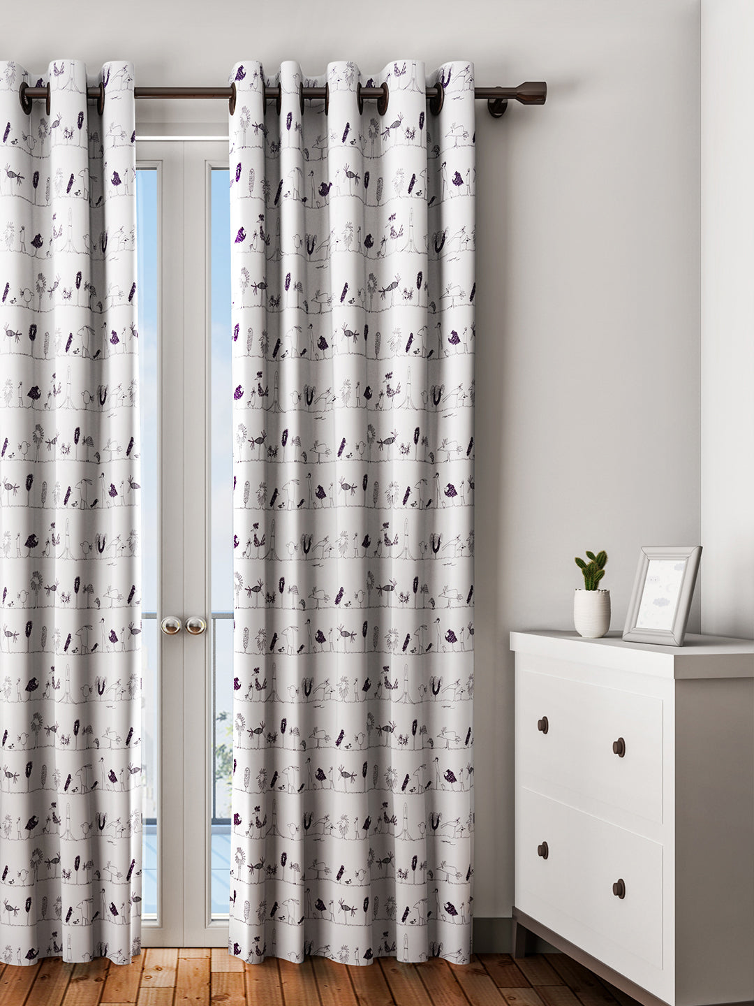 URBAN DREAM KIDS ABSTRACT BIRDS PRINT PURPLE AND WHITE EYELET CURTAIN