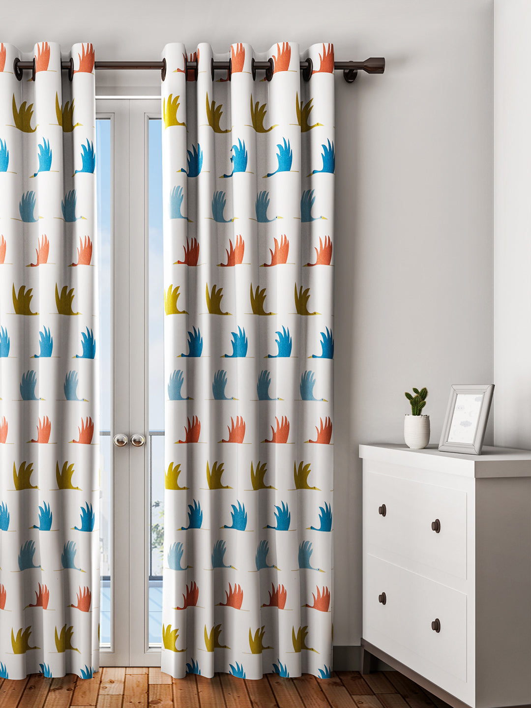 URBAN DREAM KIDS ABSTRACT BIRDS PRINT BLUE AND ORANGE EYELET CURTAIN