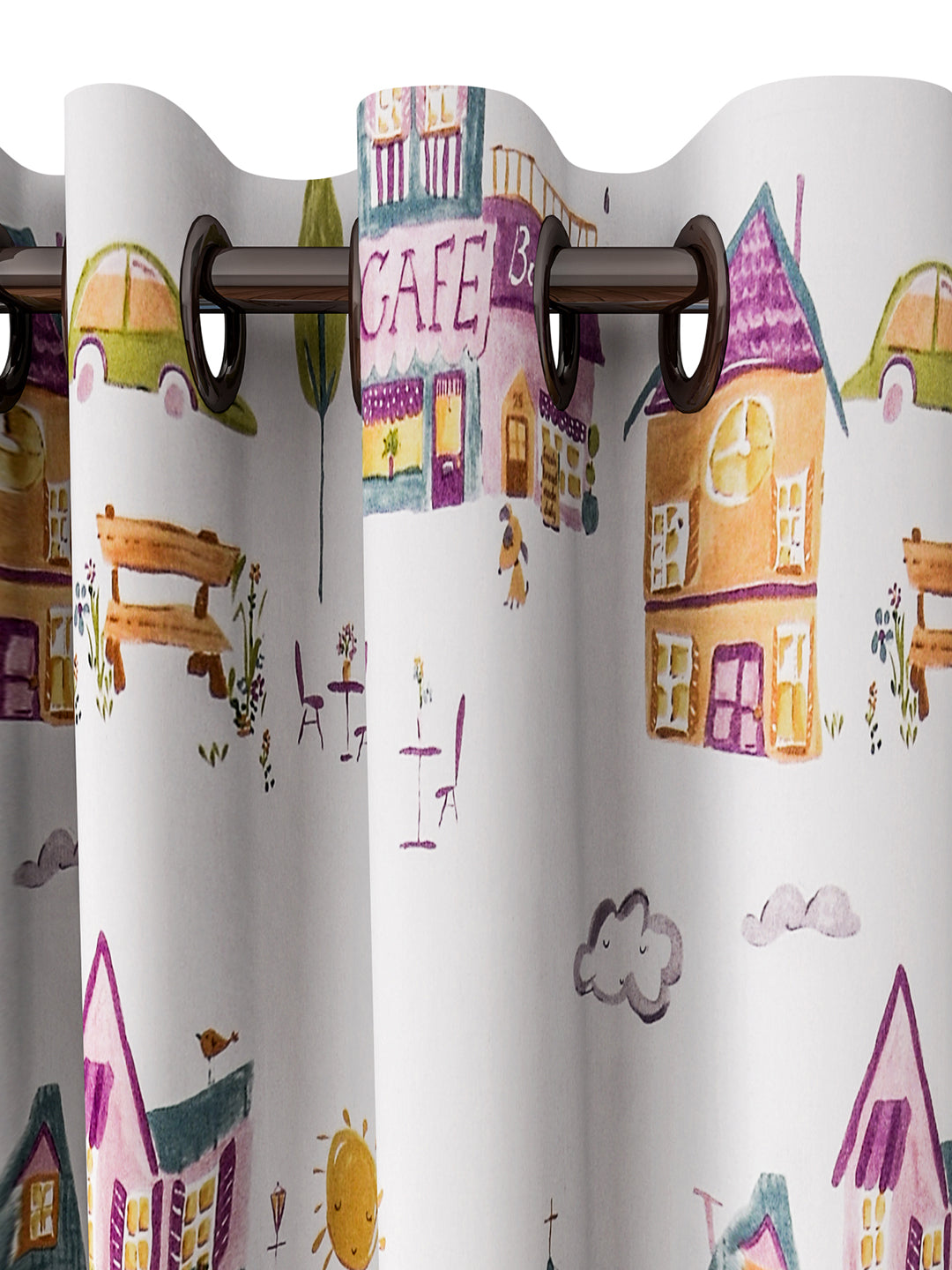 URBAN DREAM KIDS CITY PRINT ORANGE AND PURPLE EYELET CURTAIN