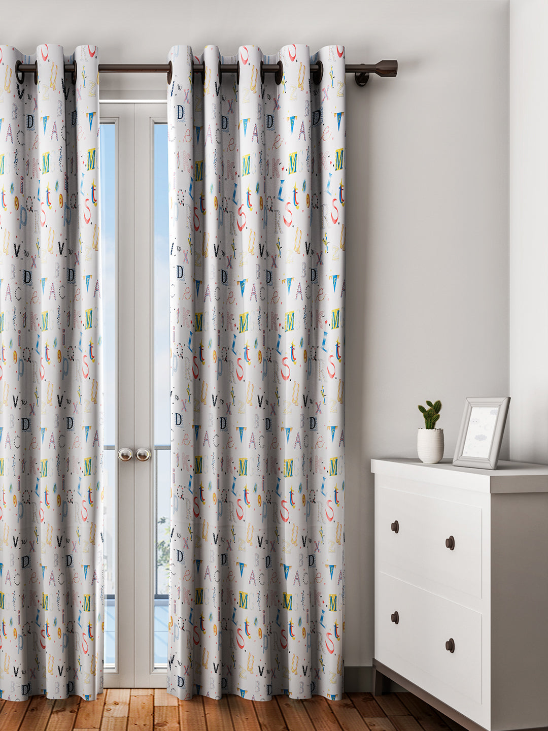 URBAN DREAM KIDS ABSTARCT ALPHABETS PRINT BLUE AND YELLOW EYELET CURTAIN