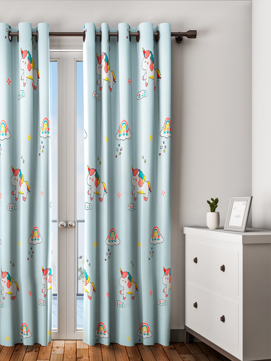 URBAN DREAM KIDS ABSTRACT UNICORN PRINT SKY BLUE AND PINK EYELET CURTAIN