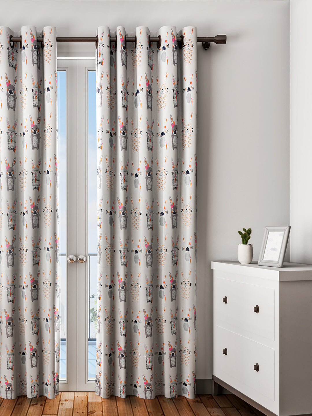 URBAN DREAM KIDS ABSTRACT RABBITS PRINT GREY AND PINK EYELET CURTAIN