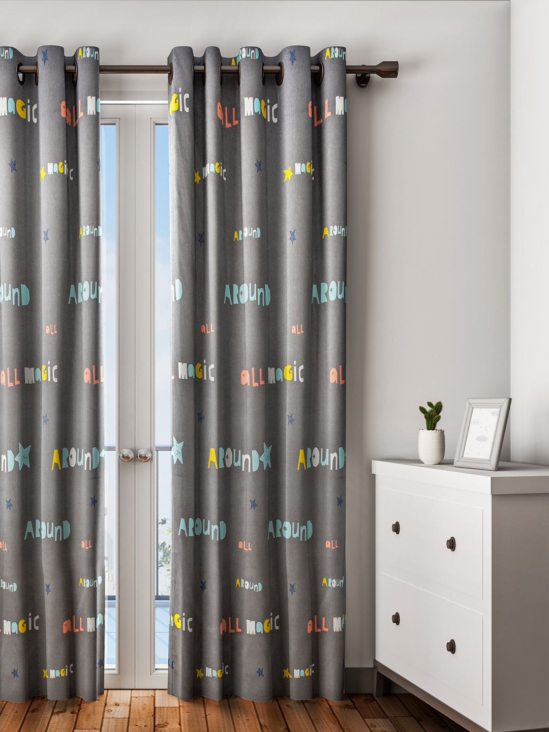 URBAN DREAM KIDS ABSTRACT TYPOGRAPHICAL PRINT GREY AND SKY BLUE EYELET CURTAIN