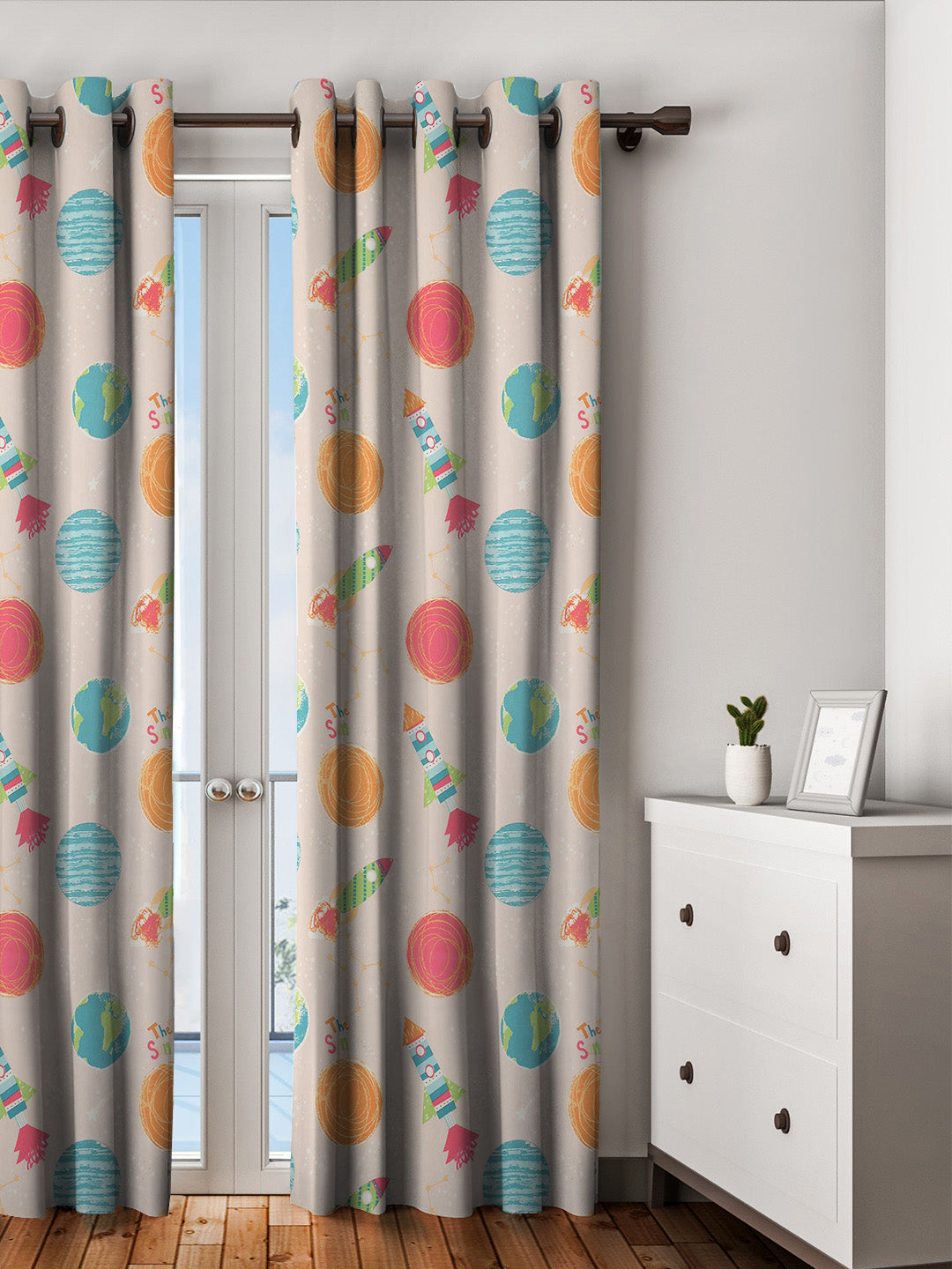 URBAN DREAM KIDS ABSTRACT SPACE PRINT BEIGE AND ORANGE EYELET CURTAIN