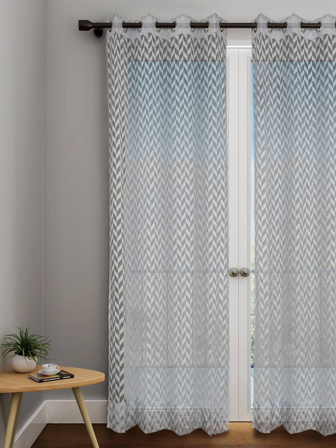 URBAN DREAM FASHION ABSTRACT GEOMETRIC CHEVRON SHEER SOLID GREY EYELET CURTAIN
