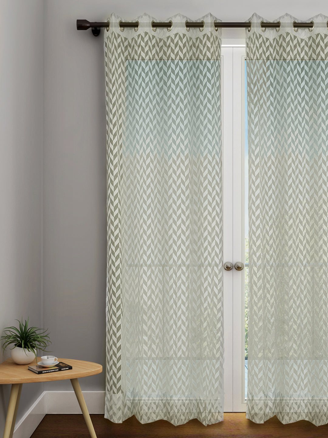 URBAN DREAM FASHION ABSTRACT GEOMETRIC CHEVRON SHEER SOLID OFF-WHITE EYELET CURTAIN