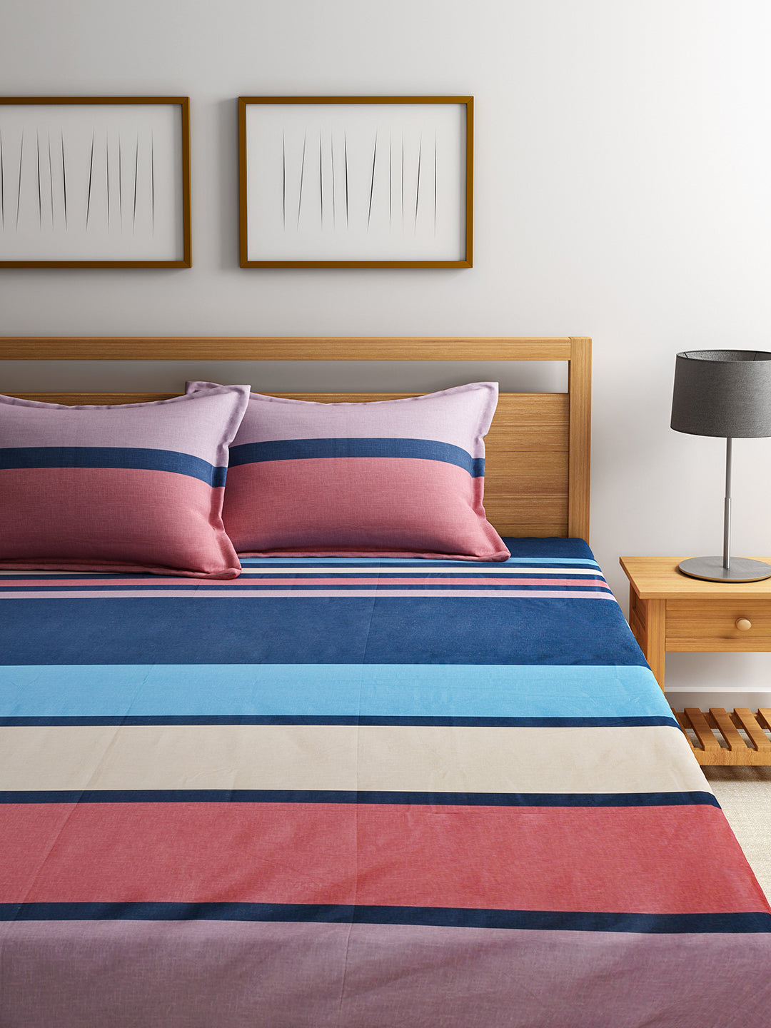 URBAN DREAM FASHION GEOMETRIC STRIPES PRINT BLUE AND RED BEDSHEET SET