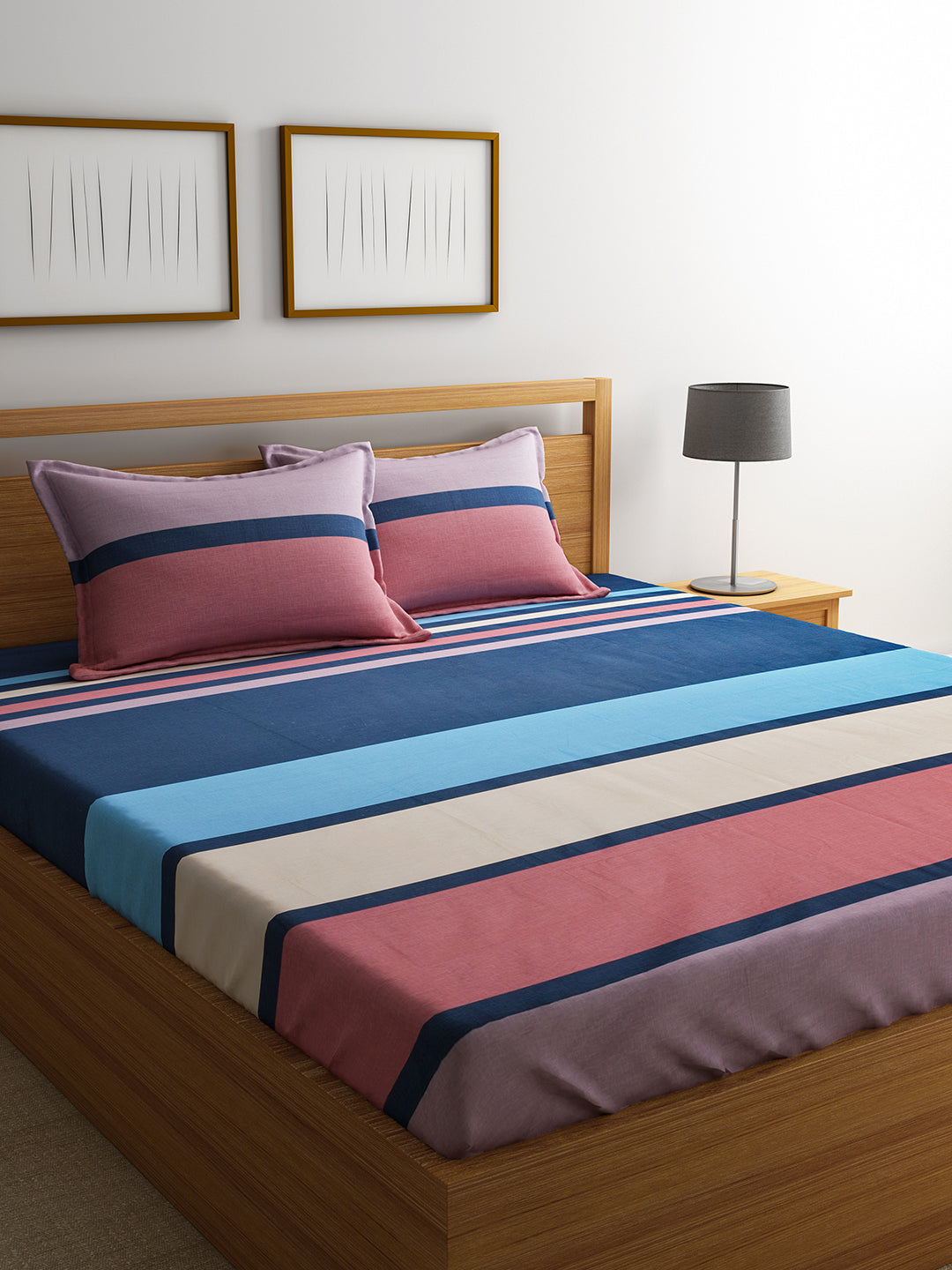 URBAN DREAM FASHION GEOMETRIC STRIPES PRINT BLUE AND RED BEDSHEET SET