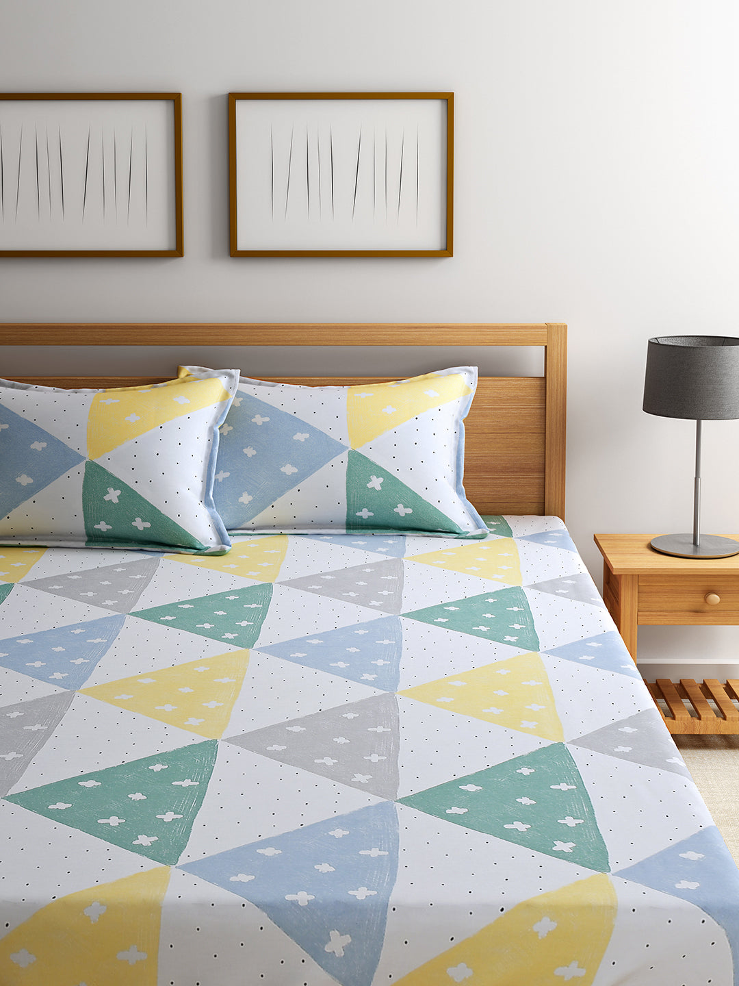 URBAN DREAM FASHION GEOMETRIC CROSS PRINT WHITE AND YELLOW BEDSHEET SET
