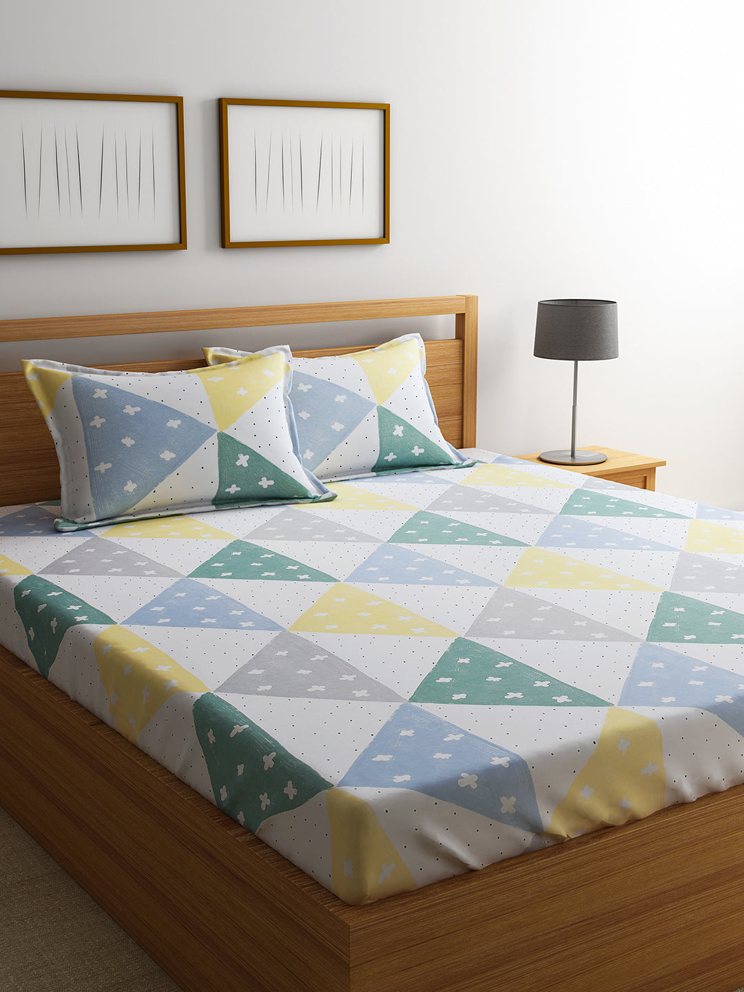 URBAN DREAM FASHION GEOMETRIC CROSS PRINT WHITE AND YELLOW BEDSHEET SET