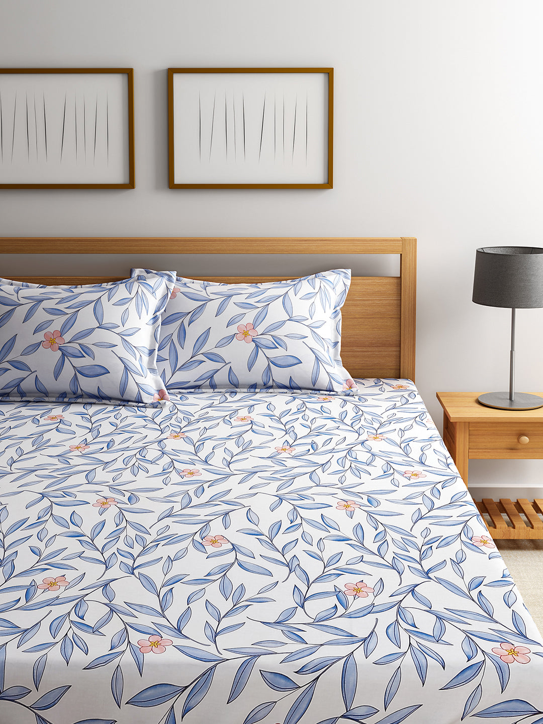 URBAN DREAM FASHION ABSTARCT LEAVES PRINT WHITE AND BLUE BEDSHEET SET