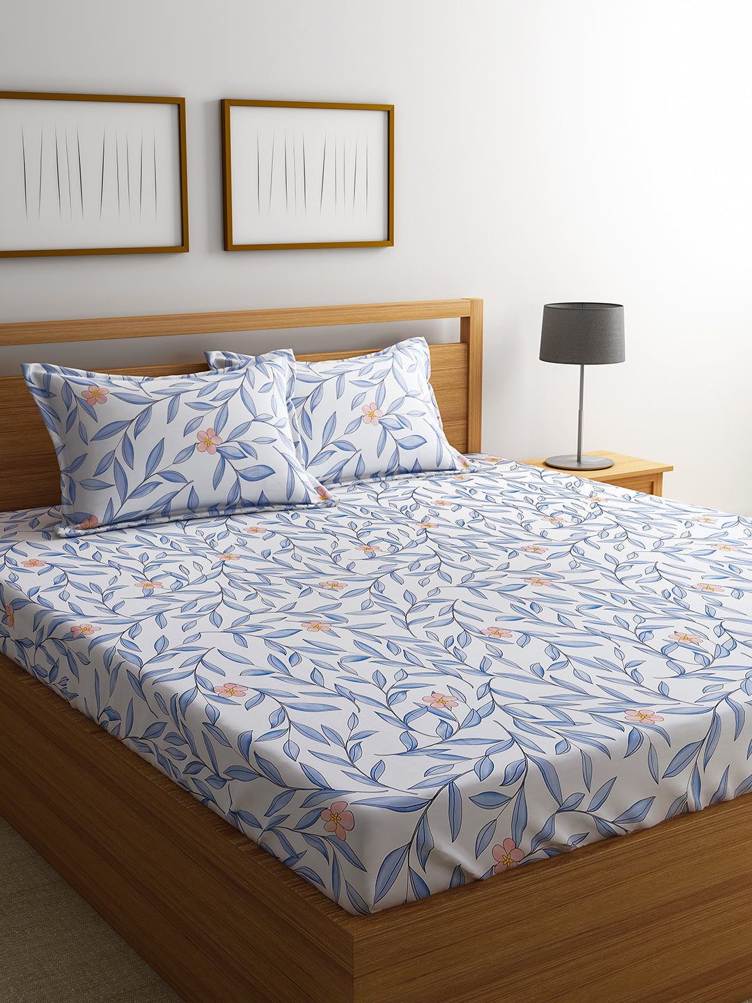 URBAN DREAM FASHION ABSTARCT LEAVES PRINT WHITE AND BLUE BEDSHEET SET