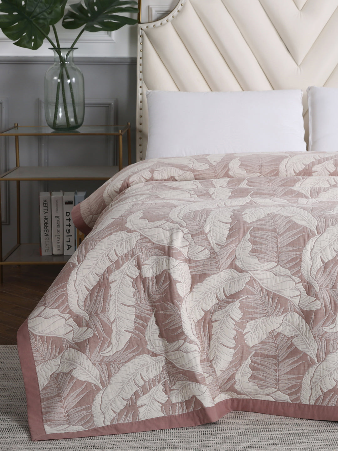 URBAN DREAM ABSTRACT FLORAL WEAVE SALMON RED AND WHITE BEDSPREAD
