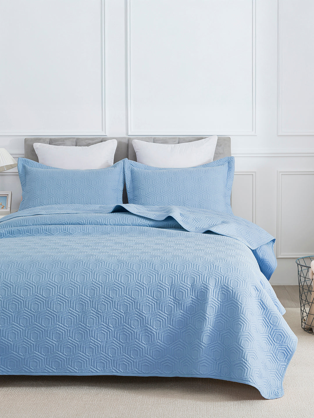 URBAN DREAM FASHION GEOMETRIC HONEYCOMB QUILTED SOLID LIGHT BLUE BEDSPREAD