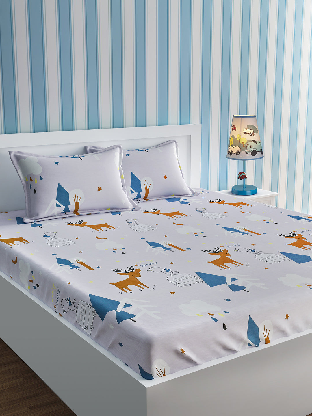 URBAN DREAM KIDS RAINDEER AND BIRD PRINT GREY AND BLUE BEDSHEET SET