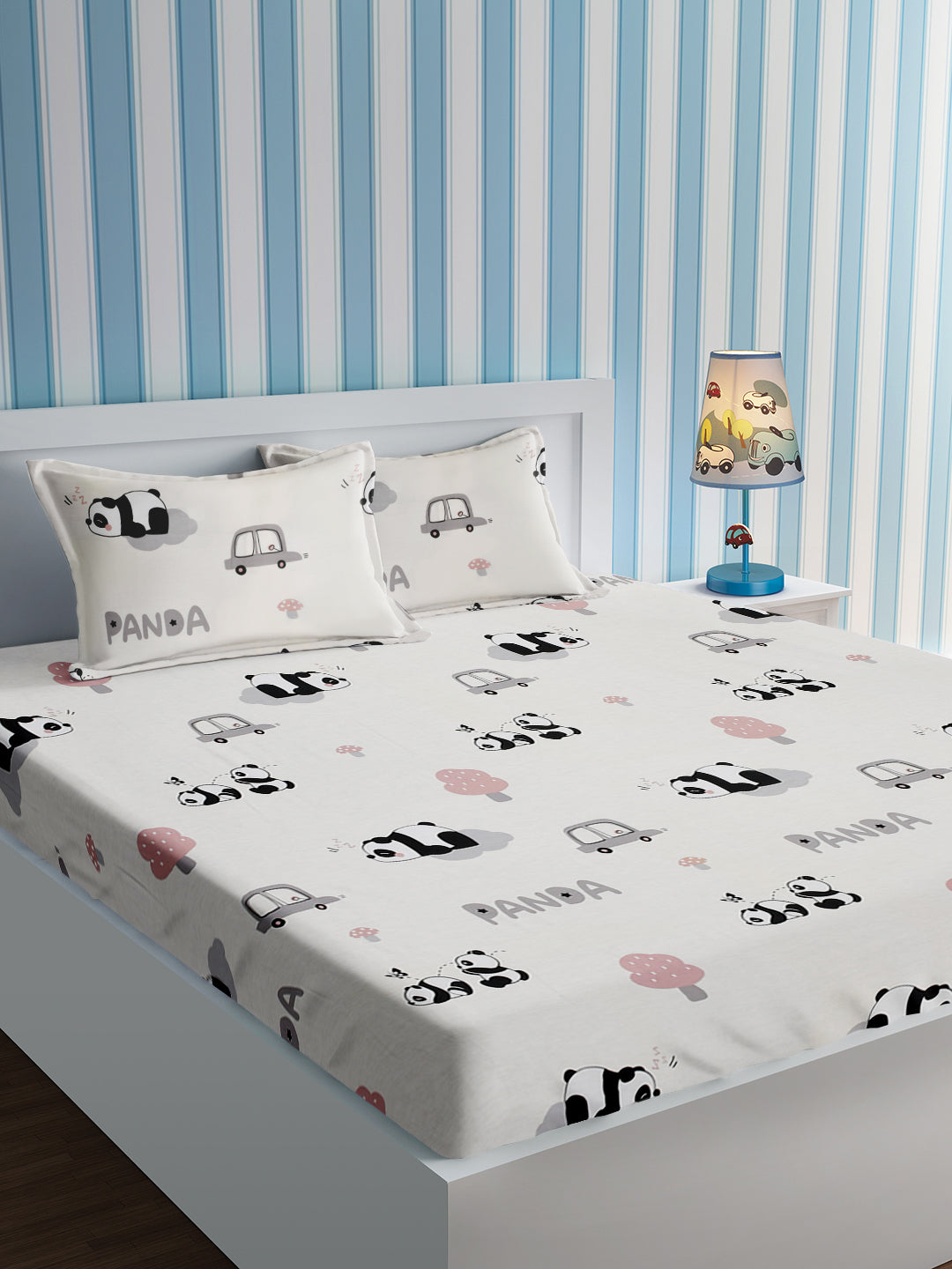 URBAN DREAM KIDS CUTE PANDA PRINT WHITE AND GREY BEDSHEET SET