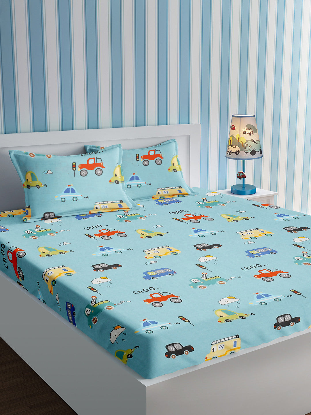 URBAN DREAM KIDS ABSTRACT CARS PRINT BLUE AND YELLOW BEDSHEET SET