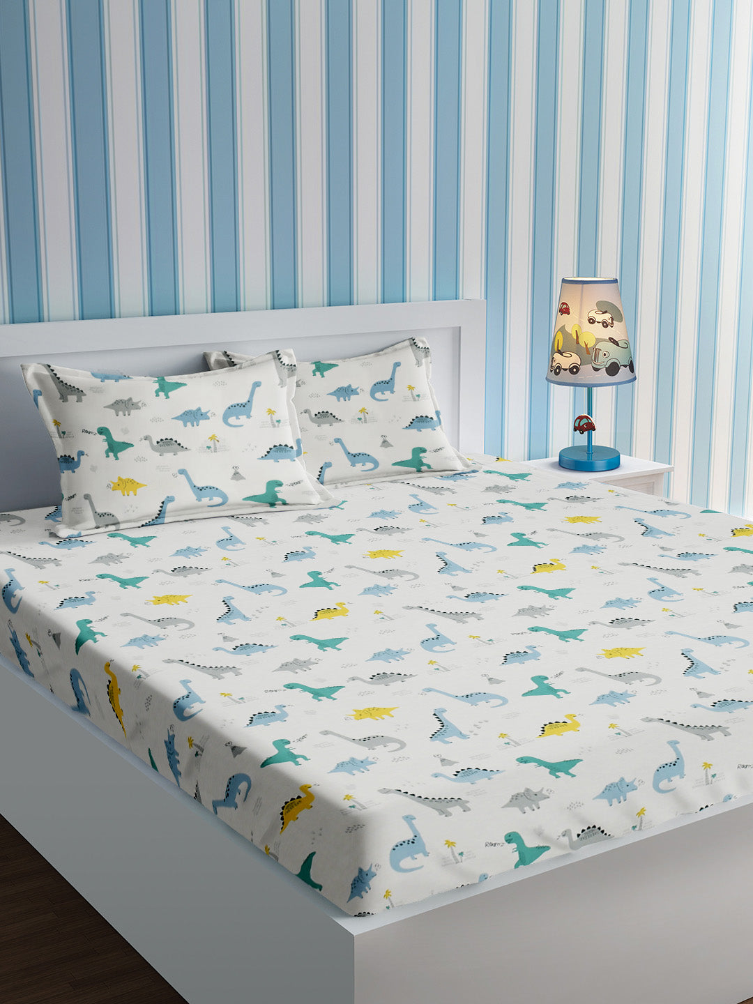 URBAN DREAM KIDS ABSTRACT DINO PRINT GREY AND BLUE BEDSHEET SET