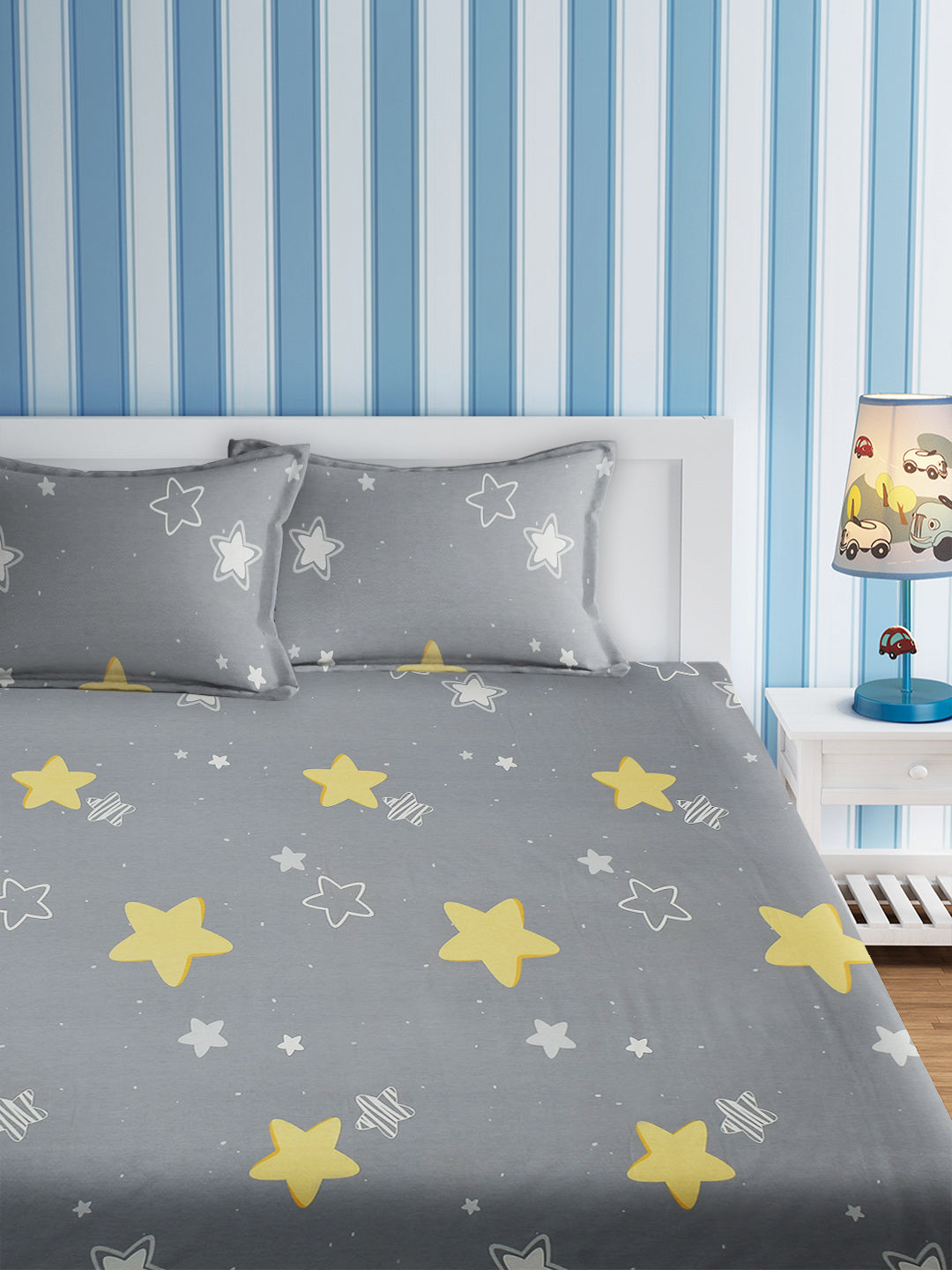 URBAN DREAM KIDS STARS PRINT GREY AND YELLOW BEDSHEET SET