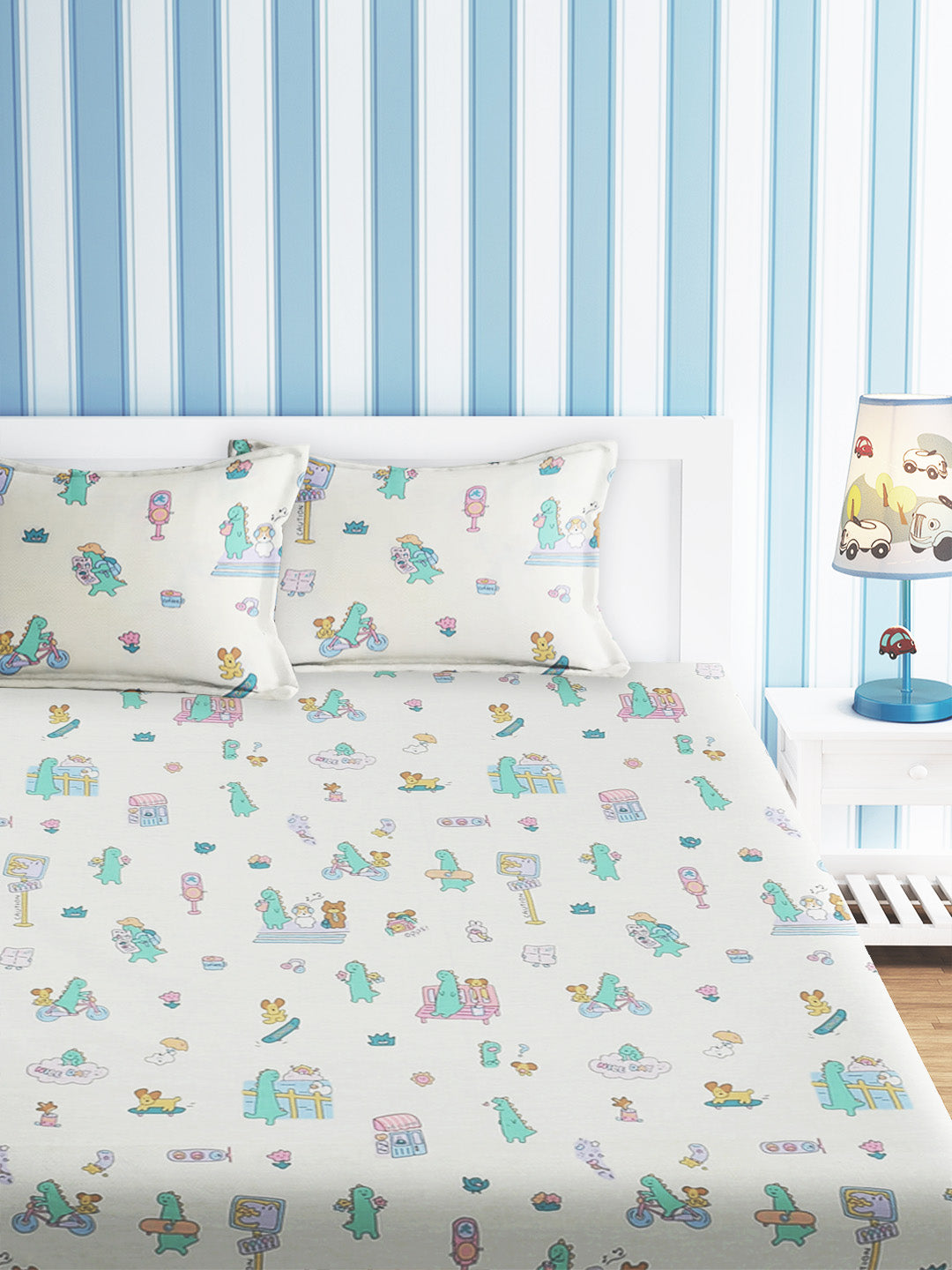 URBAN DREAM KIDS DINO DAYOUT PRINT WHITE AND PURPLE BEDSHEET SET
