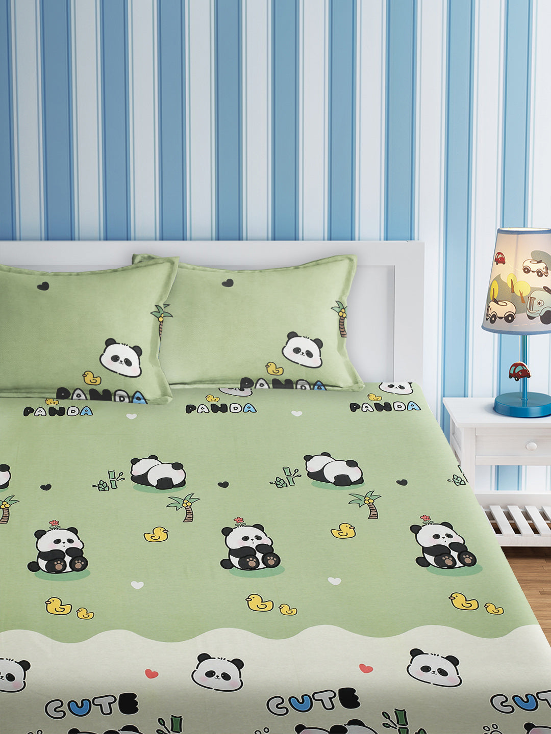 URBAN DREAM KIDS CUTE PANDA PRINT GREEN AND WHITE BEDSHEET SET
