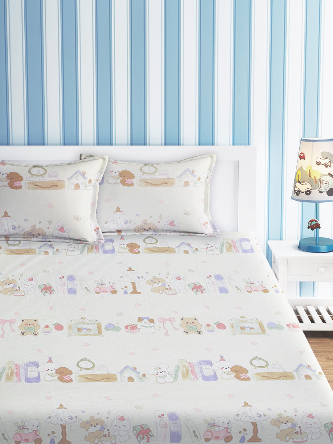 URBAN DREAM KIDS TEDDY TEA PARTY PRINT WHITE AND PINK BEDSHEET SET