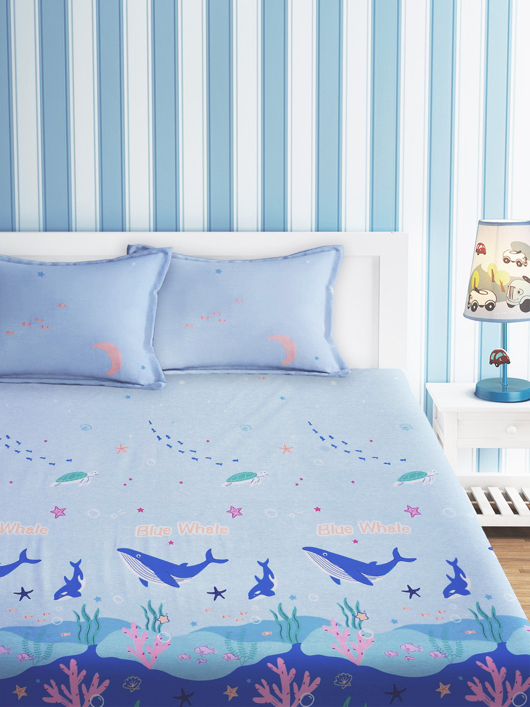URBAN DREAM KIDS WHALE AND TURTLE PRINT BLUE AND PINK BEDSHEET SET