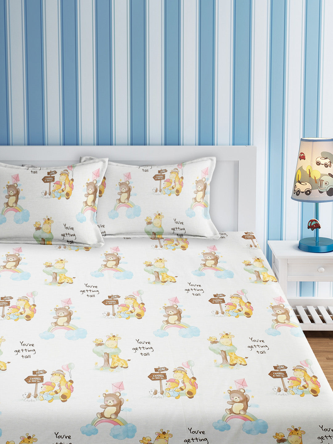 URBAN DREAM KIDS GIRRAFE AND BEAR PRINT WHITE AND YELLOW BEDSHEET SET
