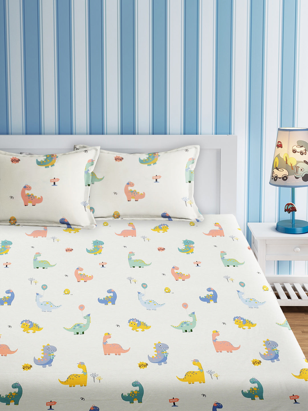URBAN DREAM KIDS DINO AND BALOON PRINT WHITE AND PURPLE BEDSHEET SET