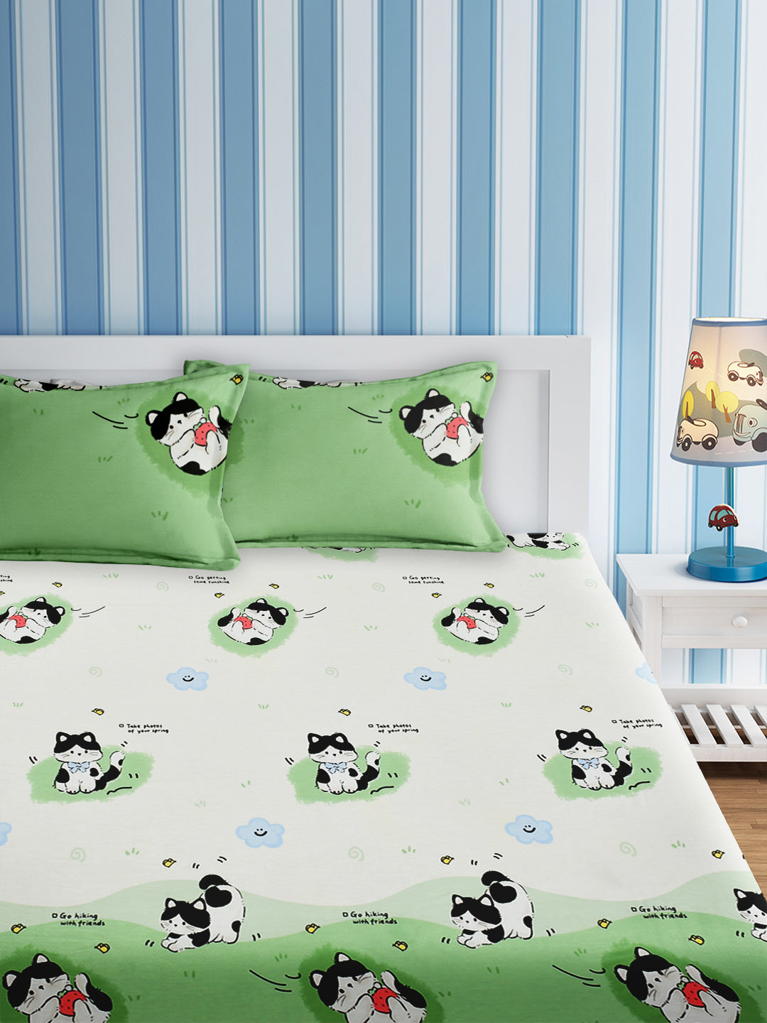 URBAN DREAM KIDS CUTE KITTEN PRINT GREEN AND BLUE BEDSHEET SET