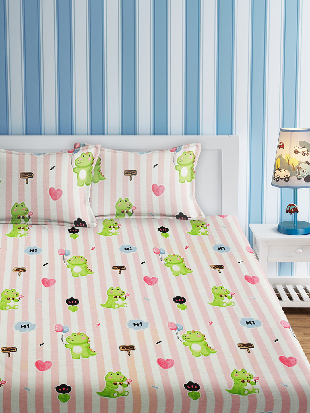 URBAN DREAM KIDS CUTE ALIGATOR AND HEART PRINT PINK AND GREEN BEDSHEET SET