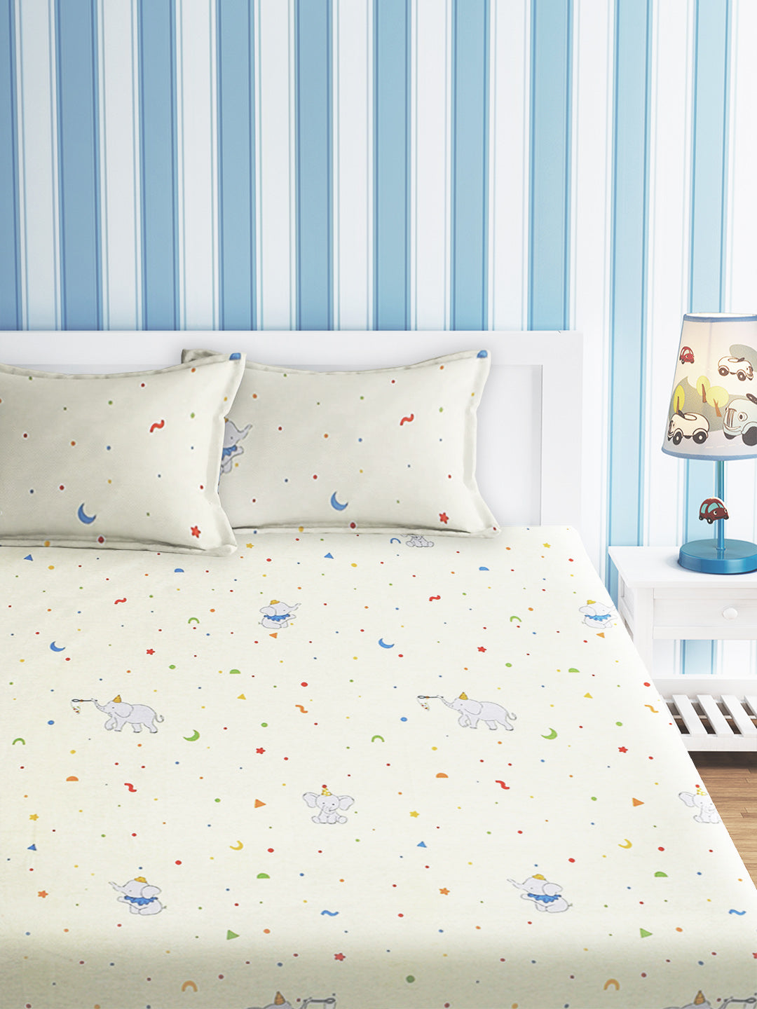 URBAN DREAM KIDS ELEPHANT PARTY PRINT WHITE AND BLUE BEDSHEET SET
