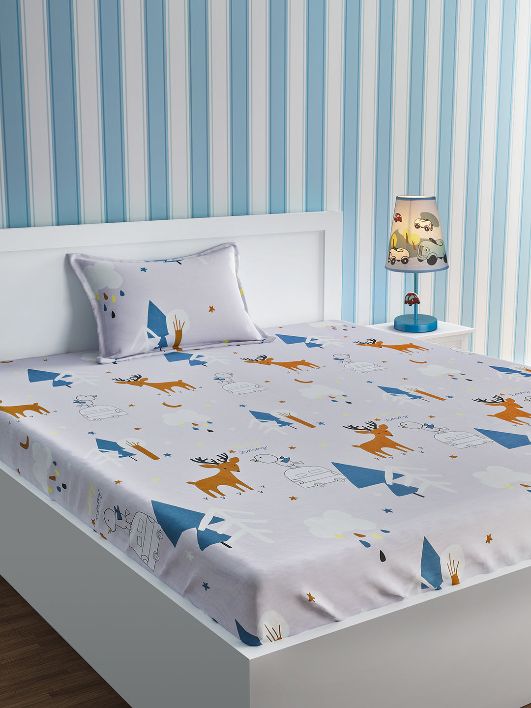 URBAN DREAM KIDS RAINDEER AND BIRD PRINT GREY AND BLUE BEDSHEET SET