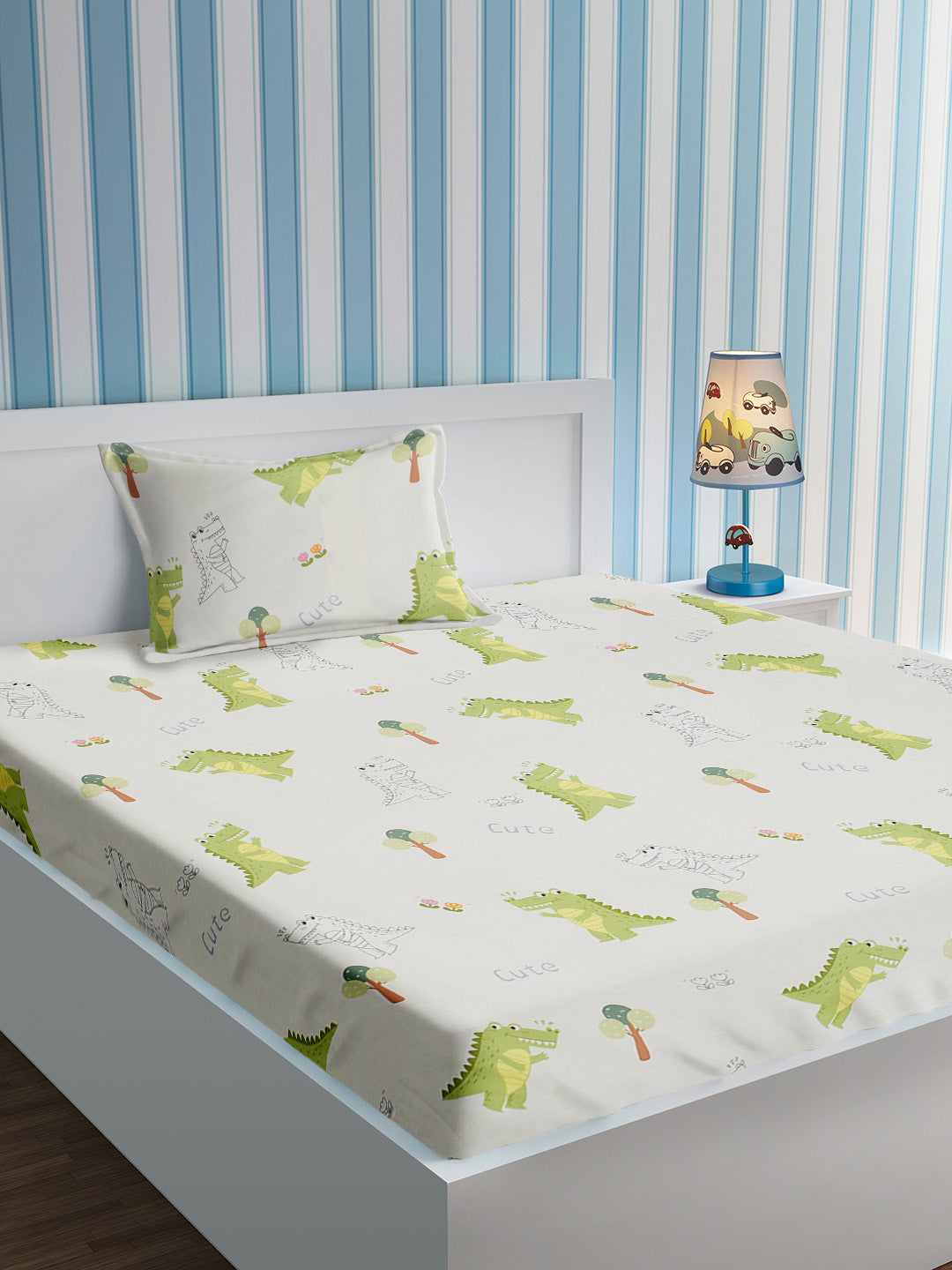 URBAN DREAM KIDS ABSTRACT ALIGATOR PRINT WHITE AND GREEN BEDSHEET SET