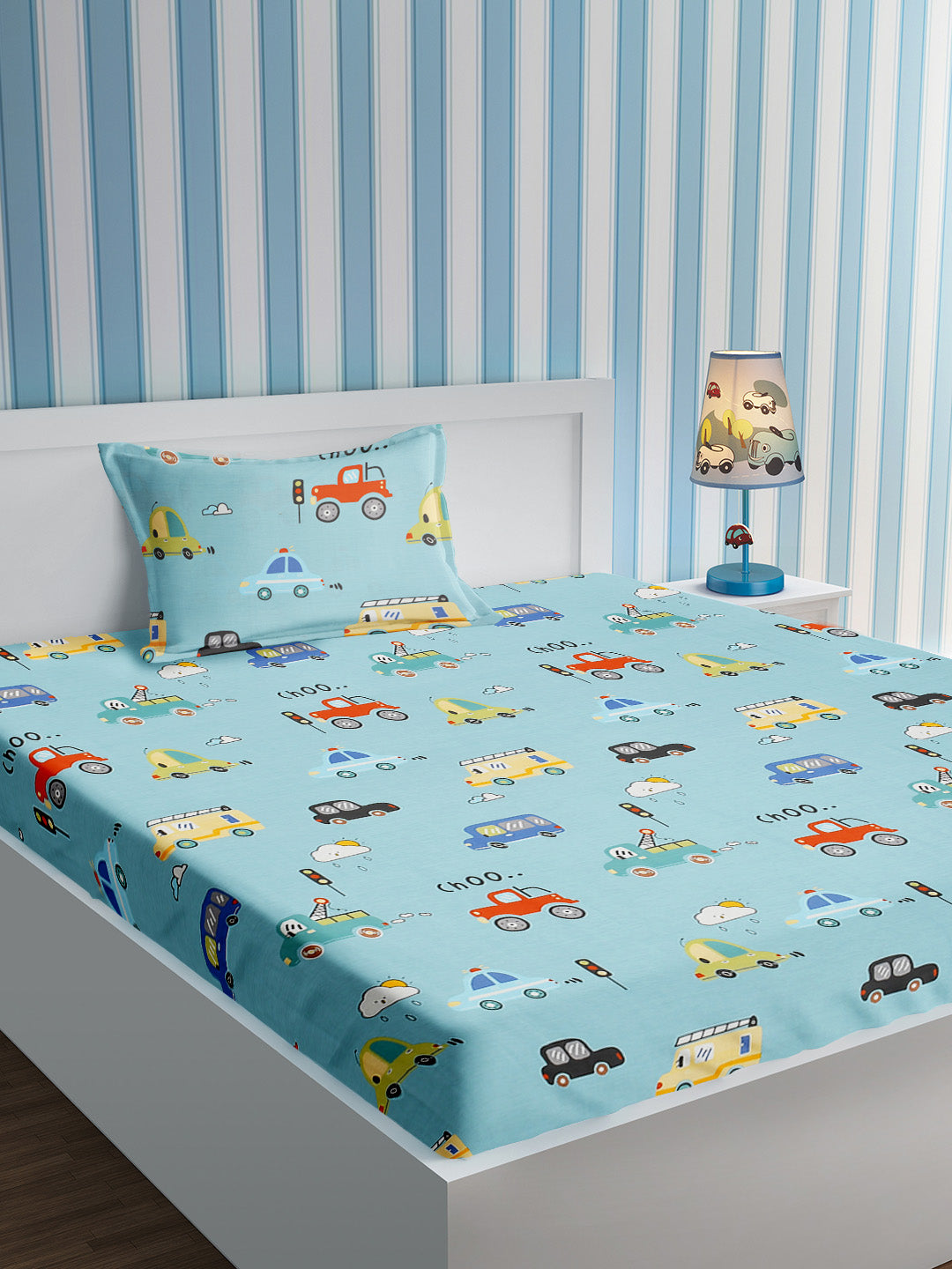 URBAN DREAM KIDS ABSTRACT CARS PRINT BLUE AND YELLOW BEDSHEET SET