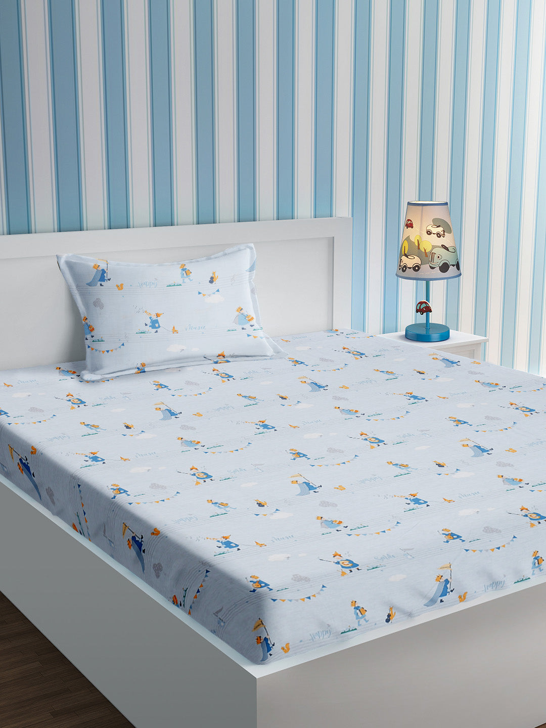 URBAN DREAM KIDS ABSTRACT PARADE PRINT GREY AND BLUE BEDSHEET SET