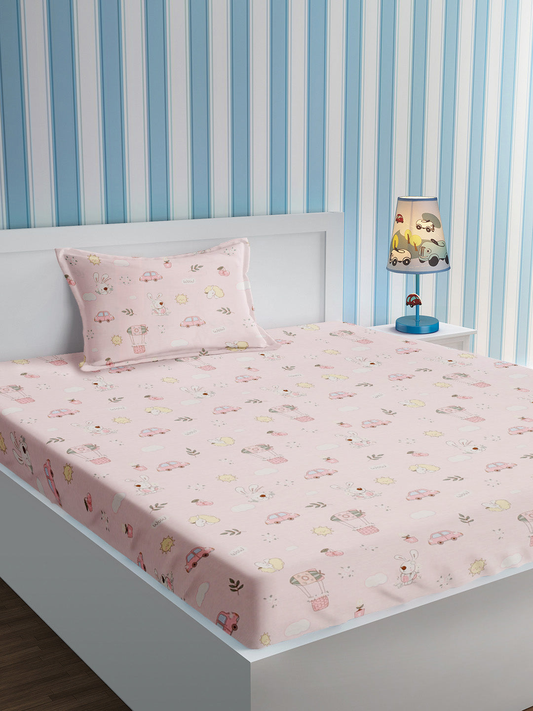 URBAN DREAM KIDS ABSTRACT ANIMALS AND CARS PRINT PINK AND WHITE BEDSHEET SET