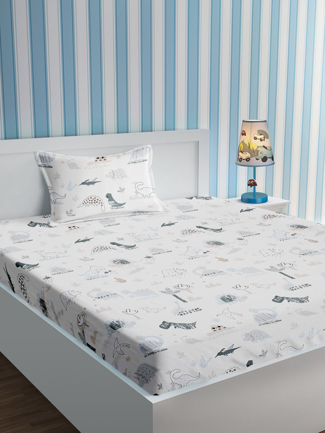 URBAN DREAM KIDS ABSTRACT DINO PRINT WHITE AND GREY BEDSHEET SET