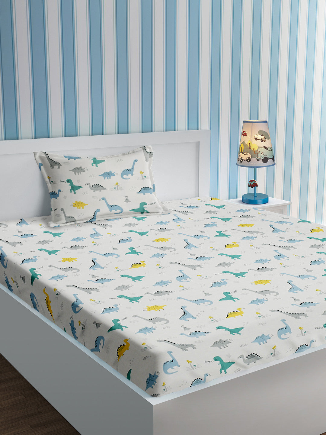 URBAN DREAM KIDS ABSTRACT DINO PRINT GREY AND BLUE BEDSHEET SET