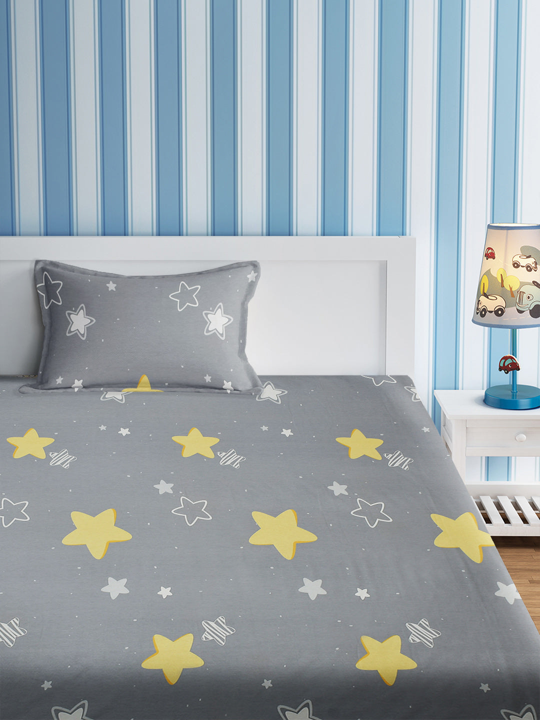 URBAN DREAM KIDS STARS PRINT GREY AND YELLOW BEDSHEET SET