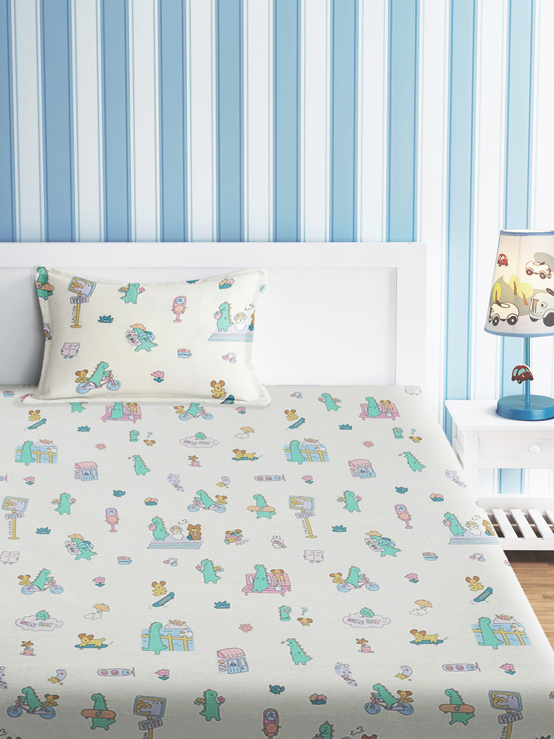 URBAN DREAM KIDS DINO DAYOUT PRINT WHITE AND PURPLE BEDSHEET SET