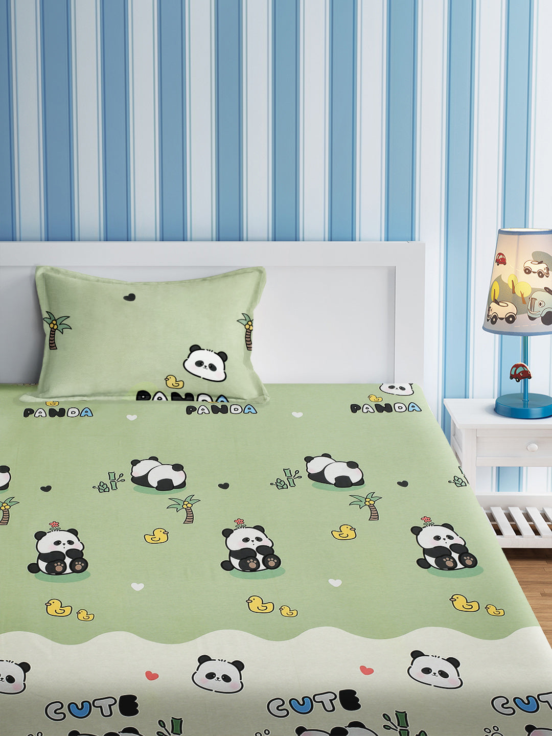 URBAN DREAM KIDS CUTE PANDA PRINT GREEN AND WHITE BEDSHEET SET