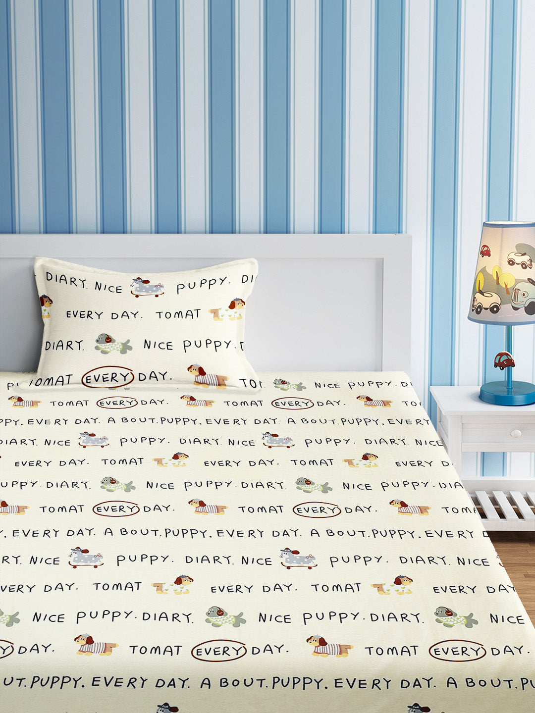URBAN DREAM KIDS CUTE DOG PRINT WHITE AND GREY BEDSHEET SET