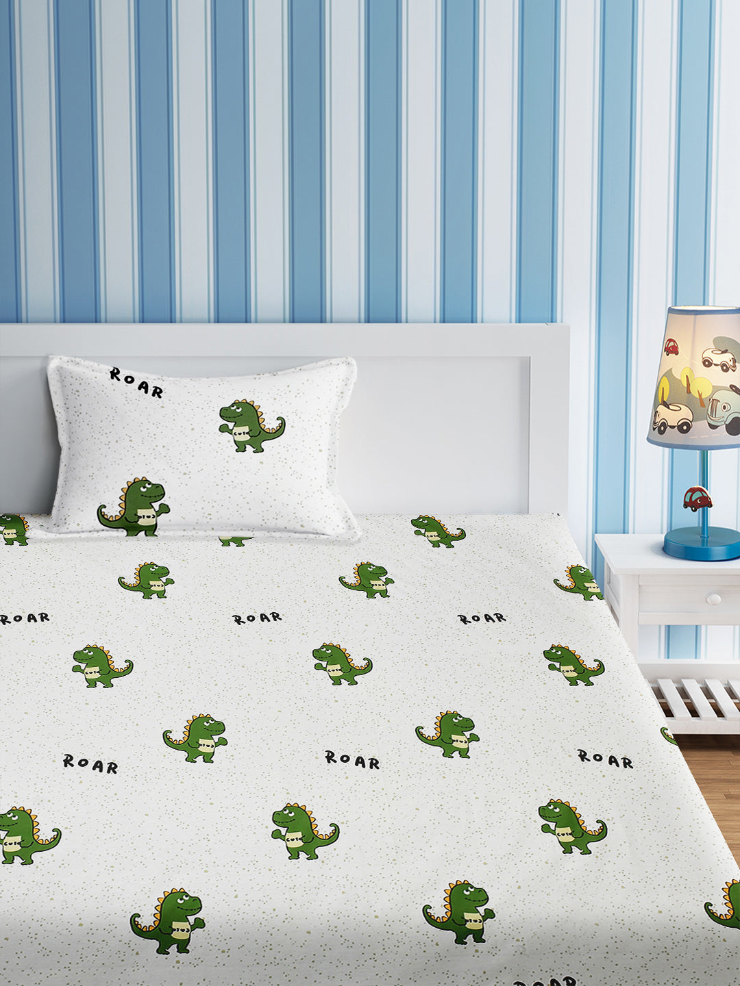 URBAN DREAM KIDS CUTE DINOSAUR ROAR PRINT WHITE AND GREEN BEDSHEET SET