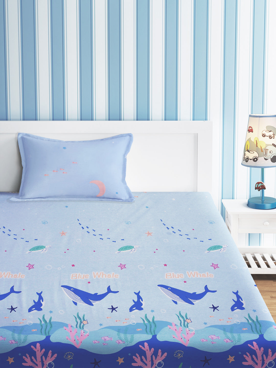 URBAN DREAM KIDS WHALE AND TURTLE PRINT BLUE AND PINK BEDSHEET SET